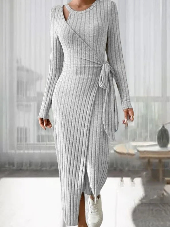 Robe en dentelle rayée pour femme, col rond, manches longues, coupe couvertes, nœud rond
