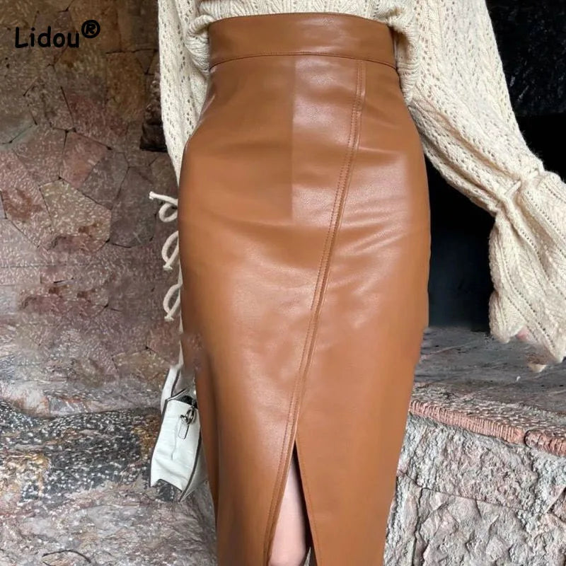Jupe en cuir taille haute fendue pour femme,