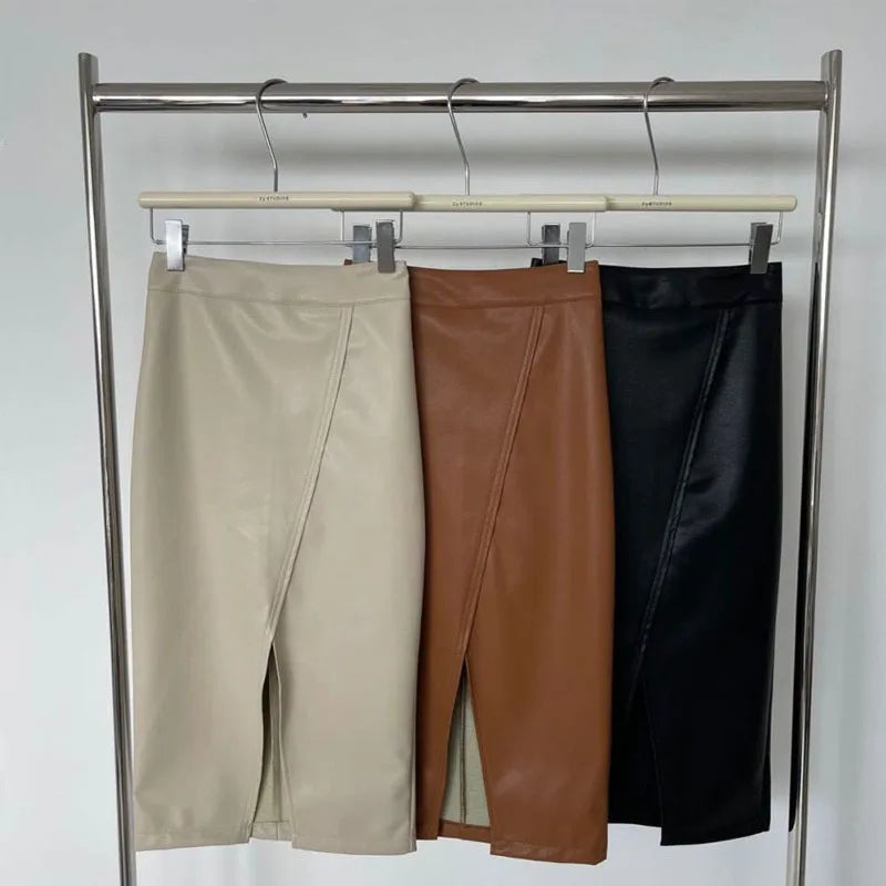 Jupe en cuir taille haute fendue pour femme,